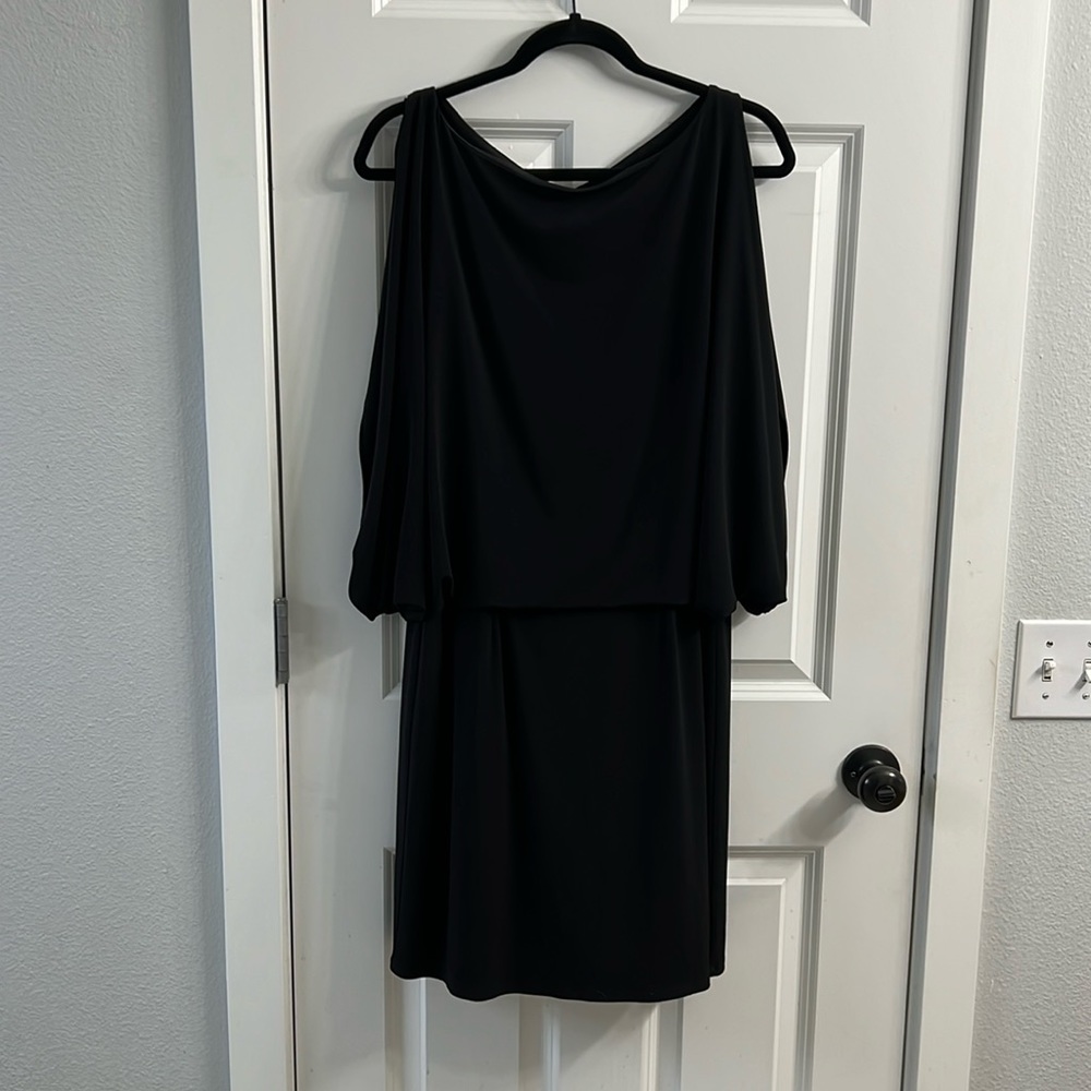 Jessica Simpson Dress Black Draped Batwing Blouson Open Back Above Knee Size 14